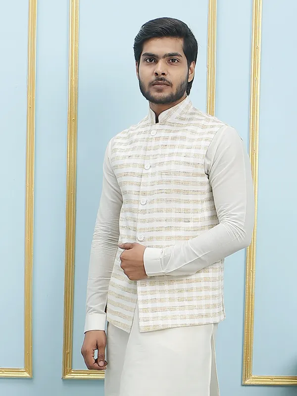 Men_Off_White_Kurta_Pajama_And_Cream_Color_Solid_Khadi_Nehru_Jacket