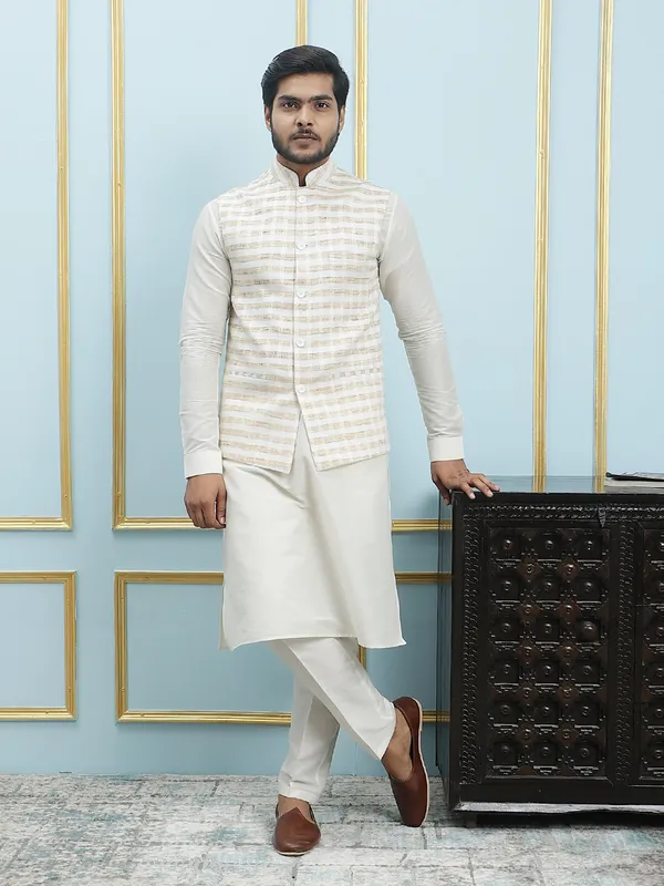 Men_Off_White_Kurta_Pajama_And_Cream_Color_Solid_Khadi_Nehru_Jacket