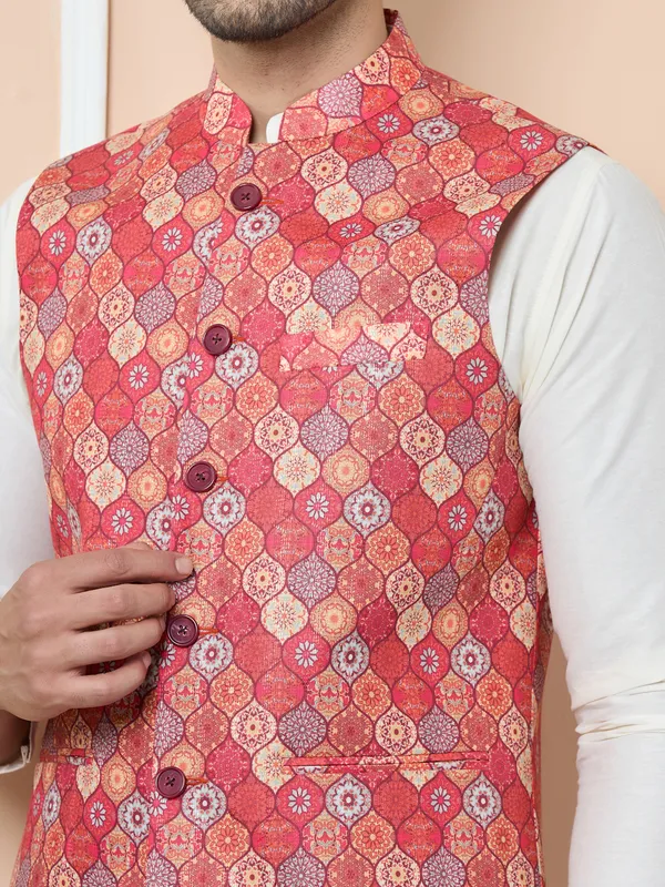 Orange_Ethnic_Motif_Printed_Nehru_Jacket_With_Solid_Kurta-Pyjama_(3_Piece_Set)
