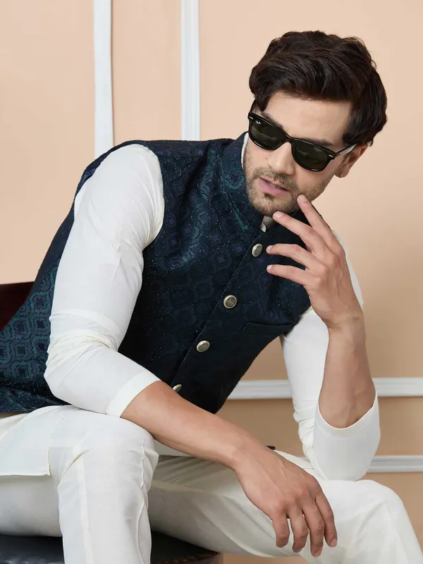 Navy_Woven_Jacquard_Nehru_Jacket_with_Solid_Kurta-Pyjama_(3_Piece_Set)
