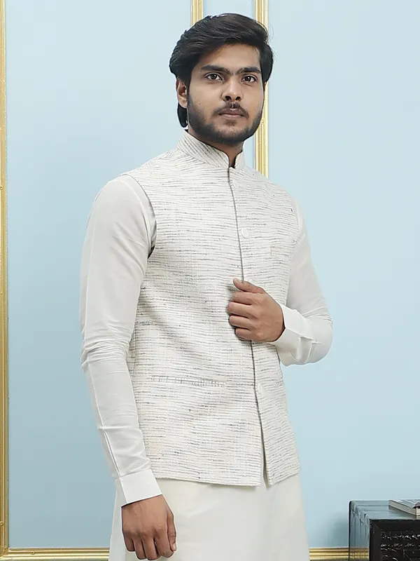 Men_Off_White_Kurta_Pajama_And_Cream_Color_Solid_Khadi_Nehru_Jacket