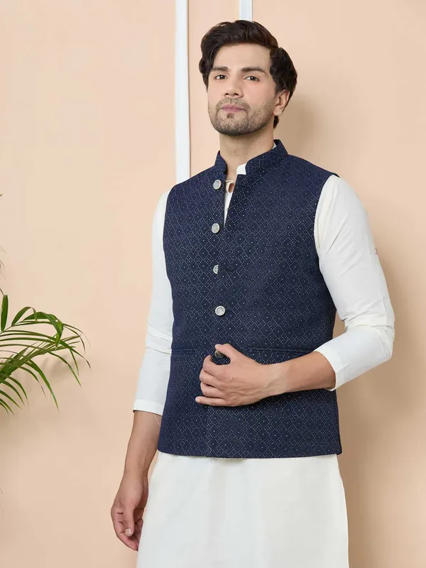 Blue_Woven_Jacquard_Nehru_Jacket_with_Solid_Kurta-Pyjama_(3_Piece_Set)