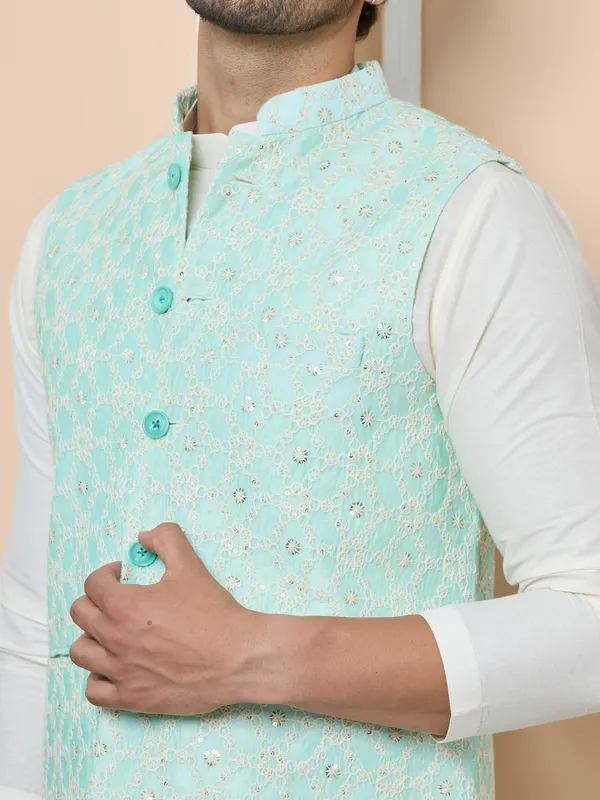 Blue_Sequin_Embroidered_Nehru_Jacket_With_Solid_Kurta-Pyjama_(3_Piece_Set)
