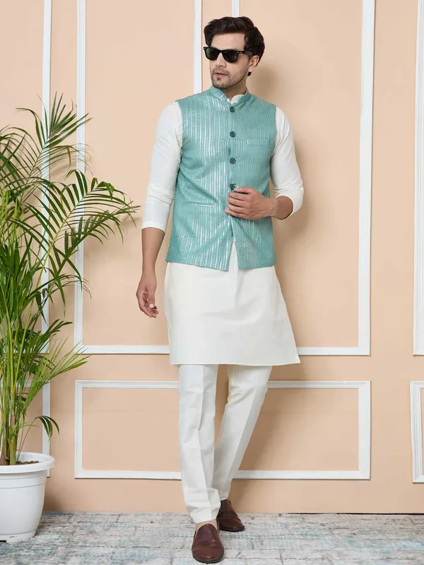 Aqua_Green_Sequin_Embroidered_Nehru_Jacket_with_Solid_Kurta-Pyjama_(3_Piece_Set)
