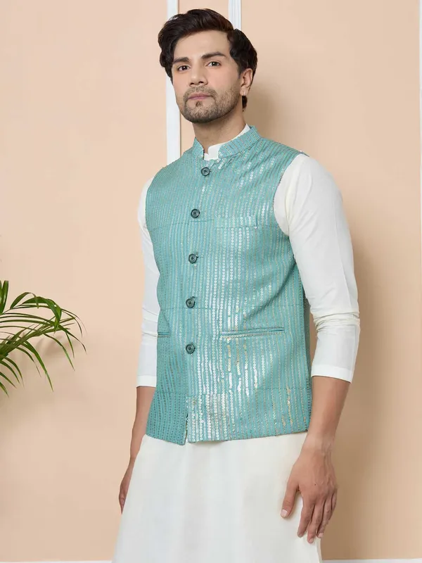 Aqua_Green_Sequin_Embroidered_Nehru_Jacket_with_Solid_Kurta-Pyjama_(3_Piece_Set)