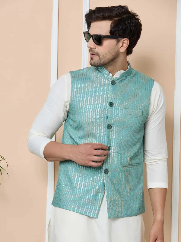 Aqua_Green_Sequin_Embroidered_Nehru_Jacket_with_Solid_Kurta-Pyjama_(3_Piece_Set)