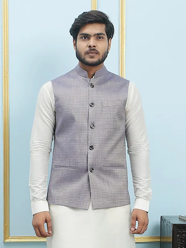 Men_Off_White_Kurta_Pajama_And_Blue_Color_Solid_Woven_Design_Jacquard_Nehru_Jacket