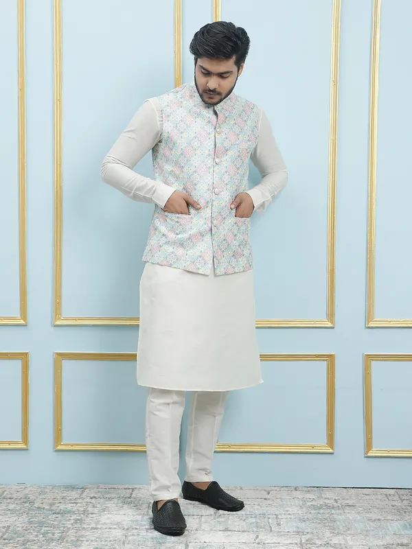 Men_Off_White_Kurta_Pajama_And_Multi_Color_Silk_Sequence_Woven_Design_Nehru_Jacket