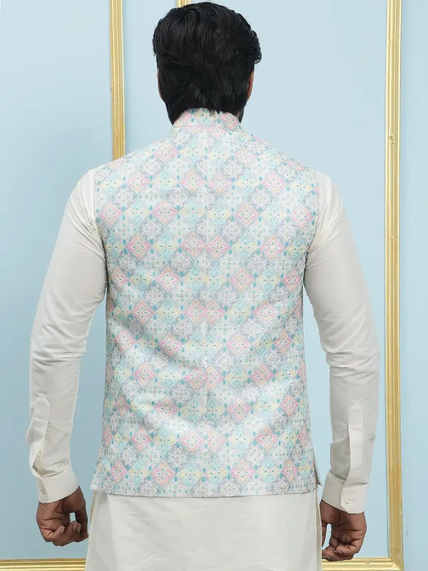 Men_Off_White_Kurta_Pajama_And_Multi_Color_Silk_Sequence_Woven_Design_Nehru_Jacket