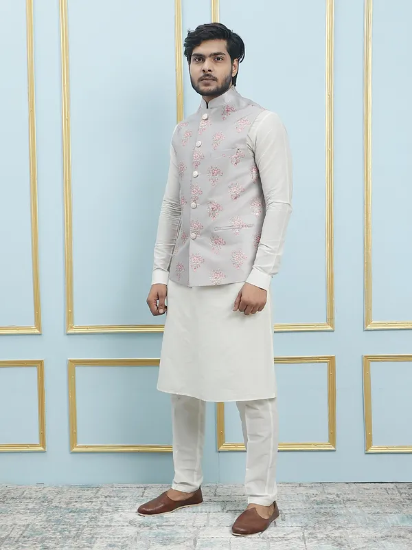 Men_Off_White_Kurta_Pajama_And_Grey_And_Pink_Sequence_Woven_Design_Nehru_Jacket