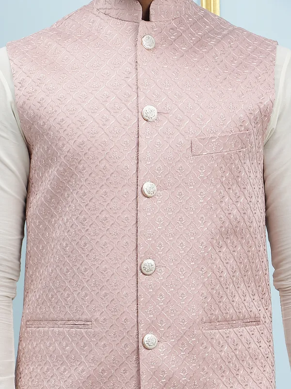Men_Off_White_Kurta_Pajama_And_Nude_And_Gold_Sequence_Woven_Design_Nehru_Jacket