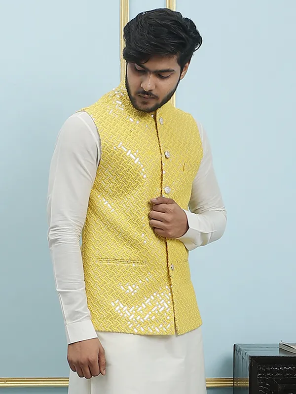 Men_Off_White_Kurta_Pajama_And_Yellow_Sequence_Woven_Design_Nehru_Jacket