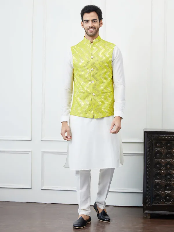 Pure_Cotton_Straight_Kurta_&_Pyjama_with_Sequins_Embroidered_Nehru_Jacket