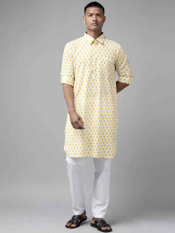 White_and_Yellow_Lotus_Print_Pathani_Kurta_with_Pyjama