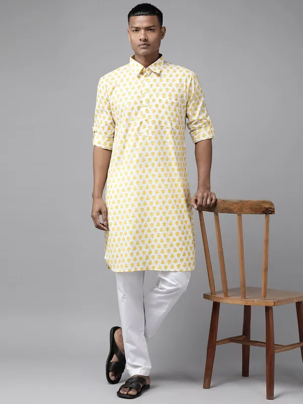 White_and_Yellow_Lotus_Print_Pathani_Kurta