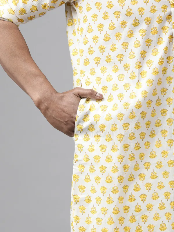 White_and_Yellow_Lotus_Print_Pathani_Kurta