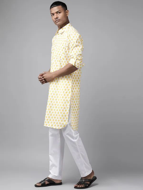 White_and_Yellow_Lotus_Print_Pathani_Kurta