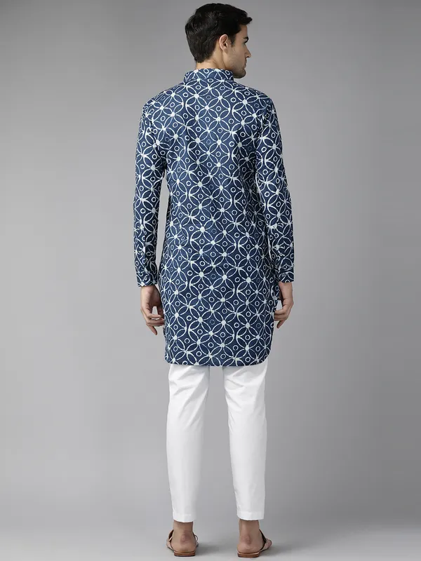 Men_Blue_Regular_Pure_Cotton_Pathani_Printed_Men'S_Kurta_With_White_Salwar