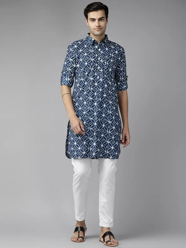 Men_Blue_Regular_Pure_Cotton_Pathani_Printed_Men'S_Kurta_With_White_Salwar