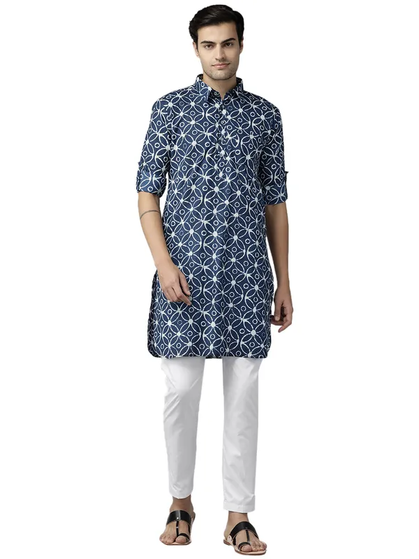 Blue_and_White_Floral_Print_Pure_Cotton_Pathani_kurta