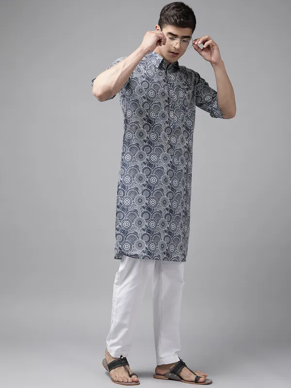 Men_Blue_Regular_Pure_Cotton_Pathani_Printed_Men'S_Kurta_With_White_Salwar