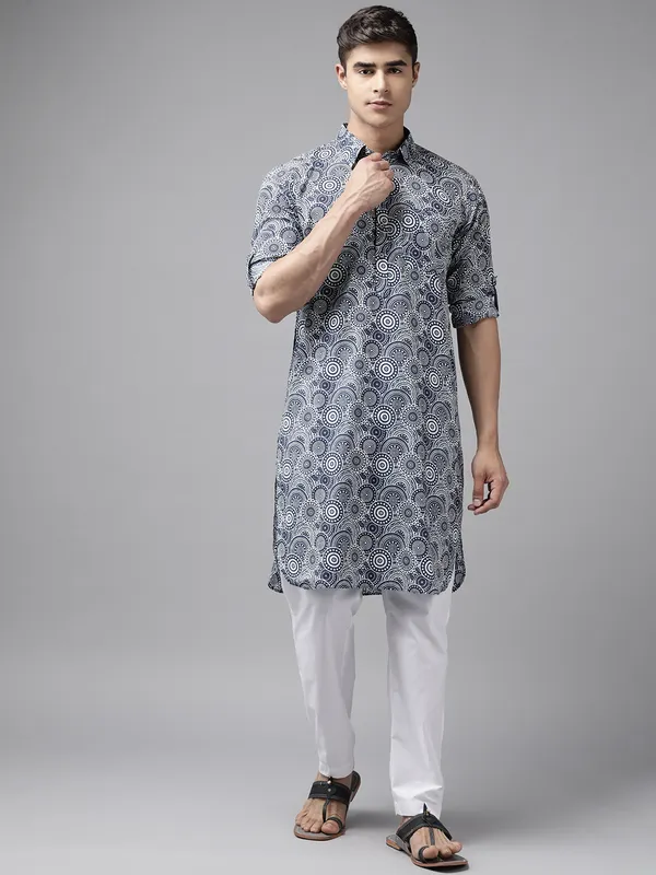 Men_Blue_Regular_Pure_Cotton_Pathani_Printed_Men'S_Kurta_With_White_Salwar
