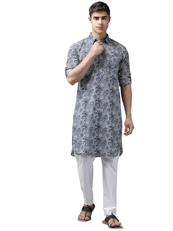 Men_Blue_Regular_Pure_Cotton_Pathani_Printed_Men'S_Kurta_With_White_Salwar