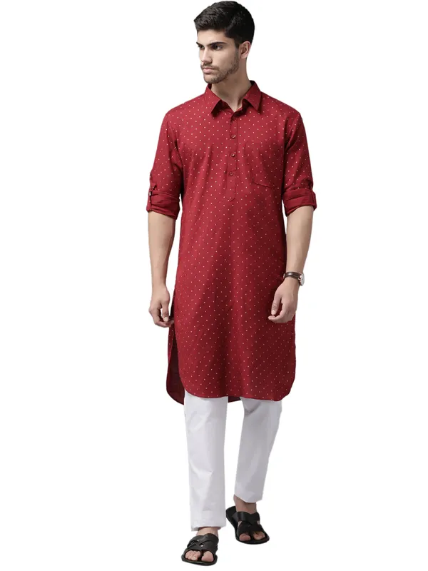 Men_Maroon_Regular_Pure_Cotton_Pathani_Printed_Men'S_Kurta_With_White_Salwar