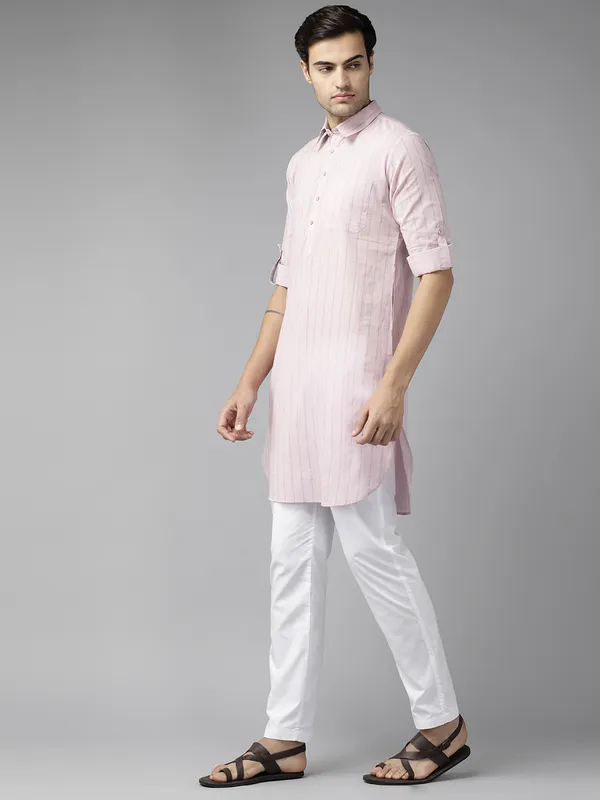 Men_Baby_Pink_Regular_Pure_Cotton_Pathani_Printed_Men'S_Kurta_With_White_Salwar
