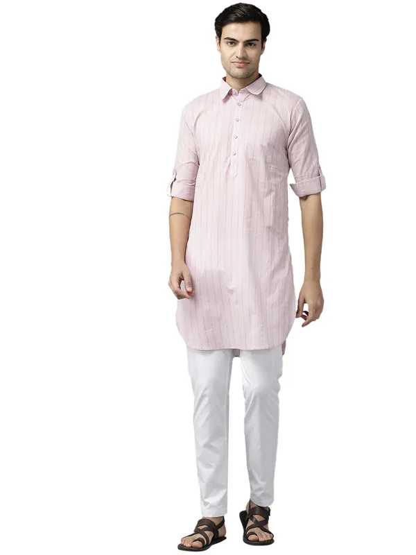 Men_Baby_Pink_Regular_Pure_Cotton_Pathani_Printed_Men'S_Kurta_With_White_Salwar