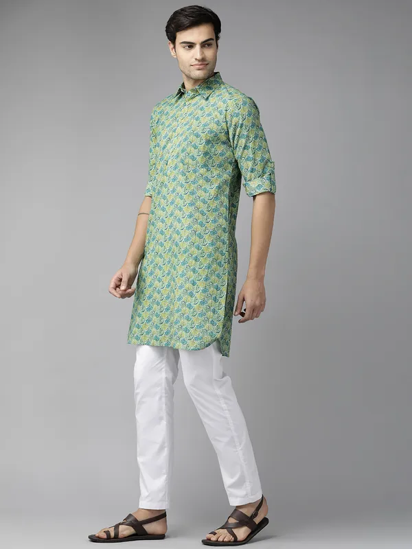 Men_Green_Regular_Pure_Cotton_Pathani_Printed_Men'S_Kurta_With_White_Salwar