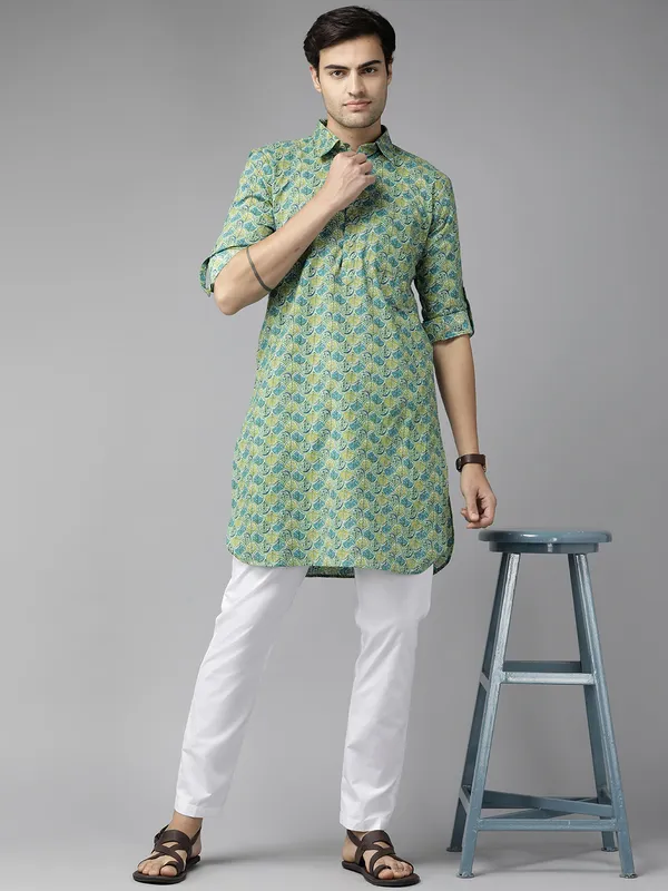 Men_Green_Regular_Pure_Cotton_Pathani_Printed_Men'S_Kurta_With_White_Salwar