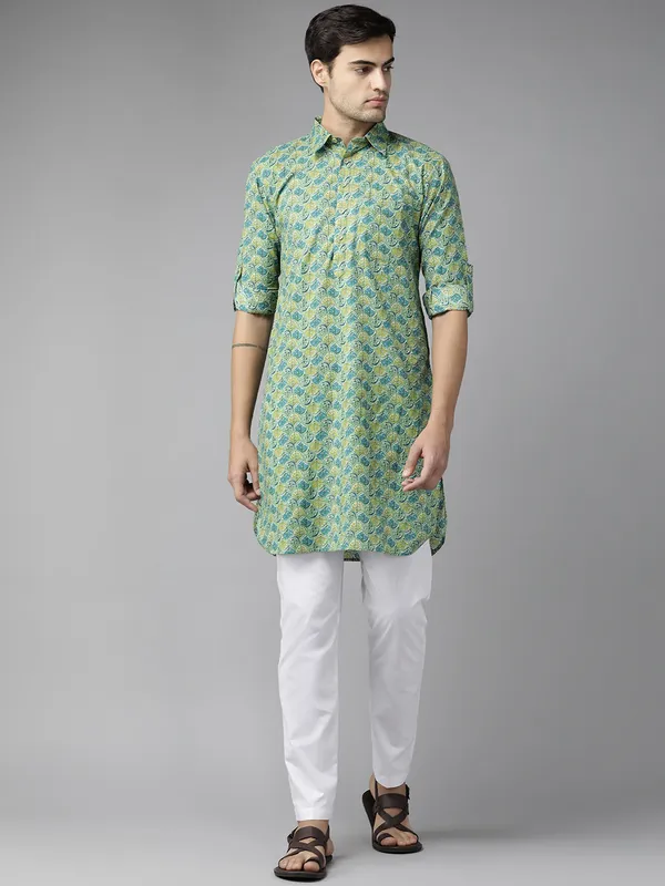 Men_Multi_Green_Pure_Cotton_Pathani_Kurta_with_Pyjama