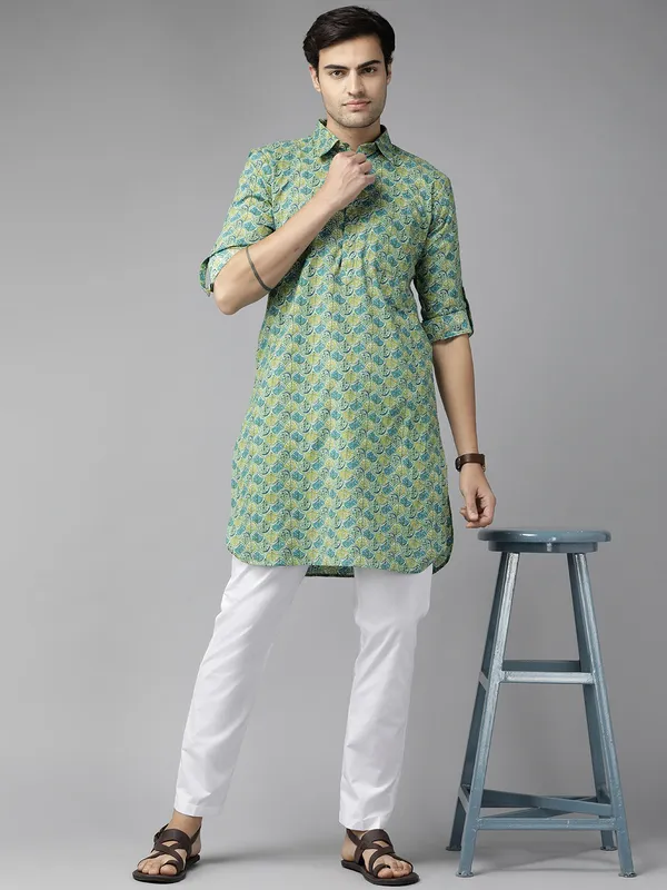 Men_Multi_Green_Pure_Cotton_Pathani_Kurta_with_Pyjama