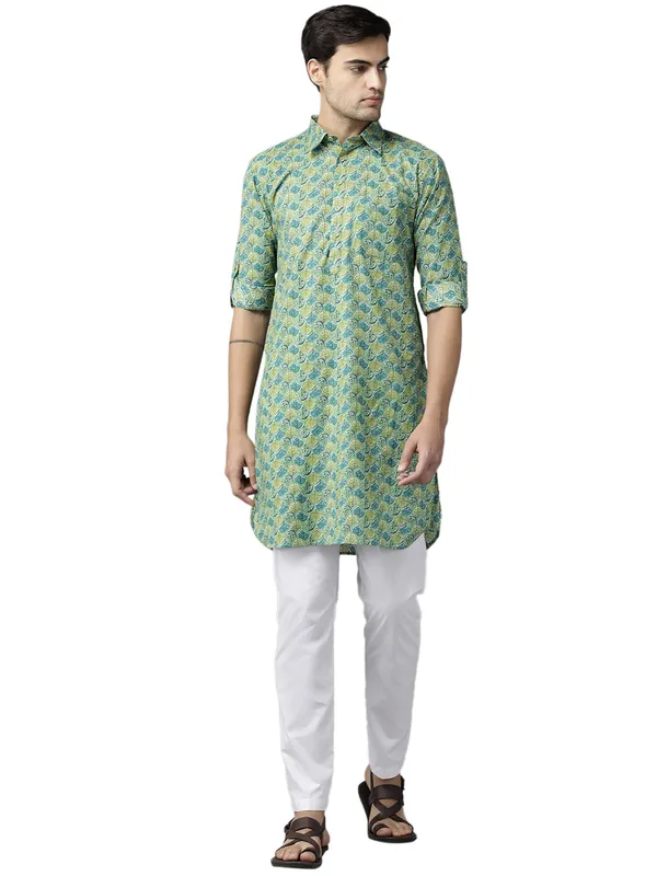 Men_Green_Regular_Pure_Cotton_Pathani_Printed_Men'S_Kurta