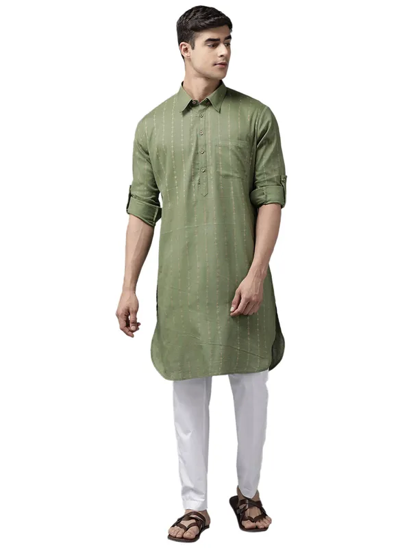 Men_Olive_Regular_Pure_Cotton_Pathani_Printed_Men'S_Kurta_With_White_Salwar