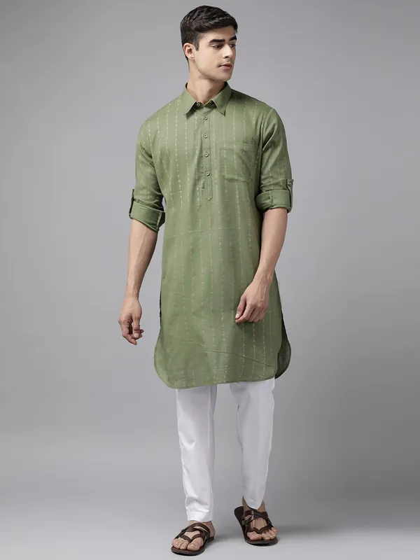 Men_Olive_Regular_Pure_Cotton_Pathani_Printed_Men'S_Kurta_With_White_Salwar