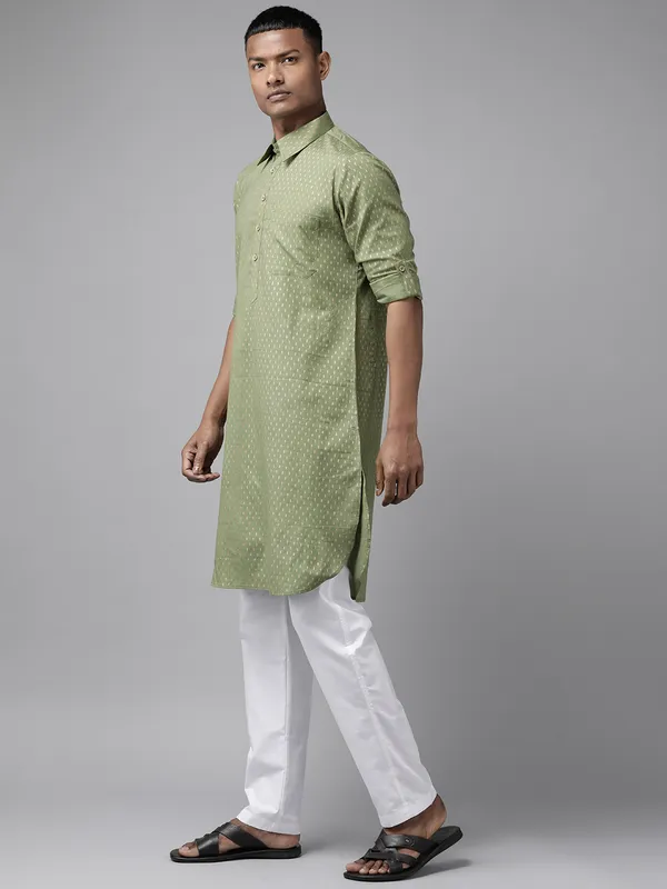Men_Olive_Regular_Pure_Cotton_Pathani_Printed_Men'S_Kurta_With_White_Salwar