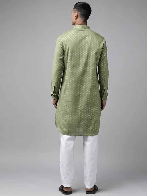 Men_Olive_Regular_Pure_Cotton_Pathani_Printed_Men'S_Kurta_With_White_Salwar