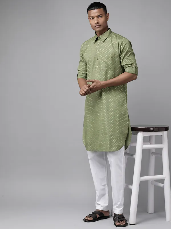 Men_Olive_Regular_Pure_Cotton_Pathani_Printed_Men'S_Kurta_With_White_Salwar