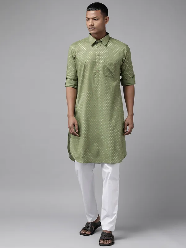 Men_Olive_Regular_Pure_Cotton_Pathani_Printed_Men'S_Kurta_With_White_Salwar