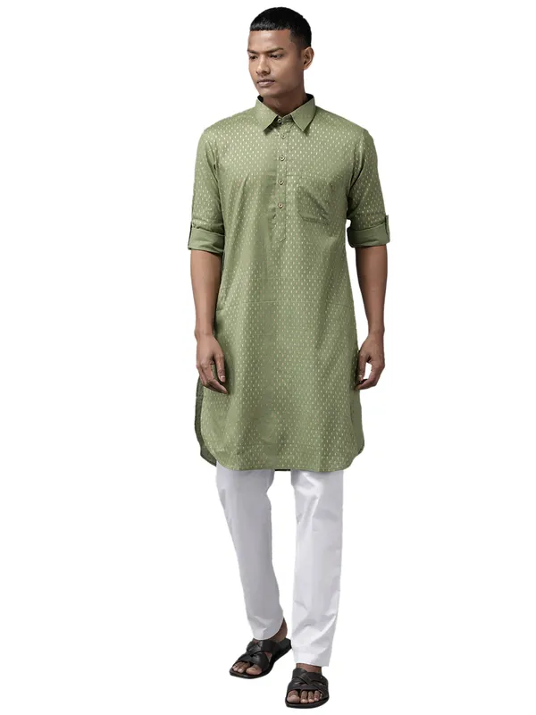 Men_Olive_Regular_Pure_Cotton_Pathani_Printed_Men'S_Kurta