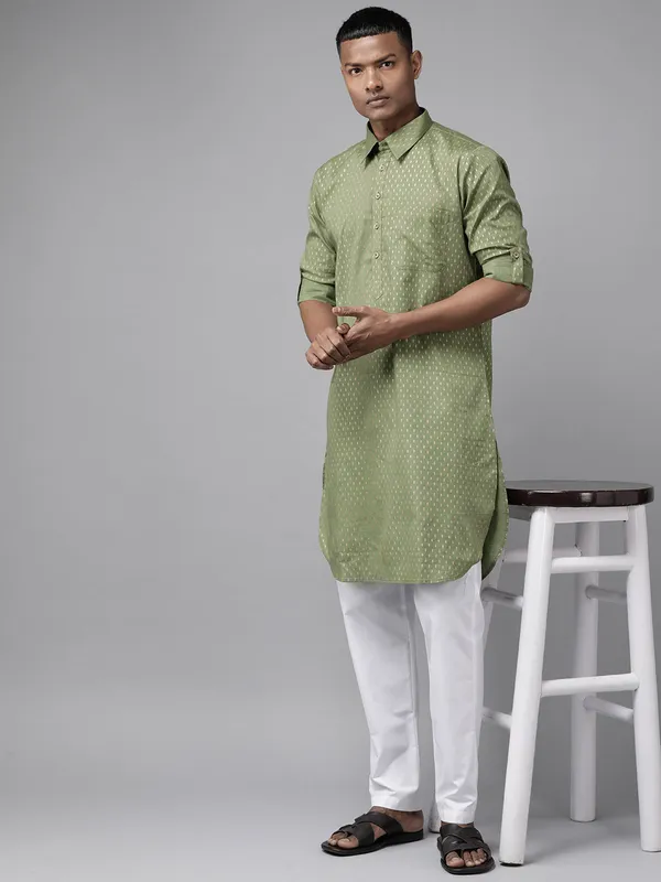 Pure_Cotton_Olive_Green_Printed_Pathani_Kurta