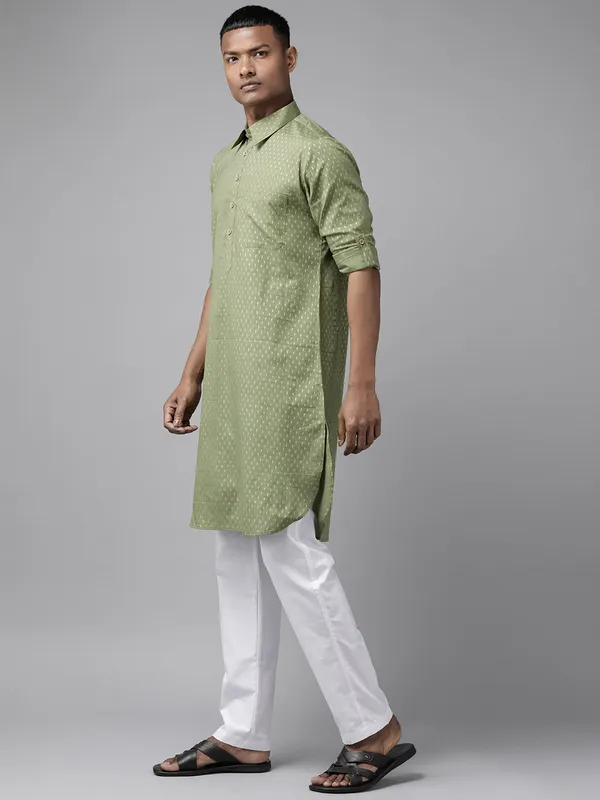 Pure_Cotton_Olive_Green_Printed_Pathani_Kurta