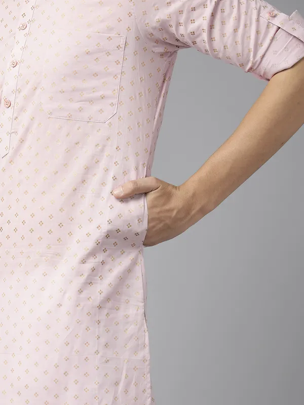 Men_Baby_Pink_Regular_Pure_Cotton_Pathani_Printed_Men'S_Kurta_With_White_Salwar