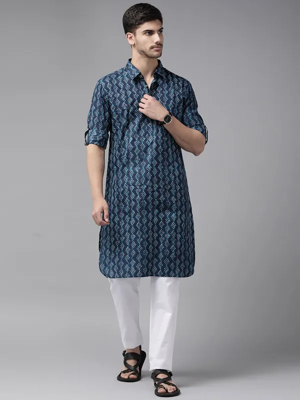 Men_Indigo_Regular_Pure_Cotton_Pathani_Printed_Men'S_Kurta_With_White_Salwar