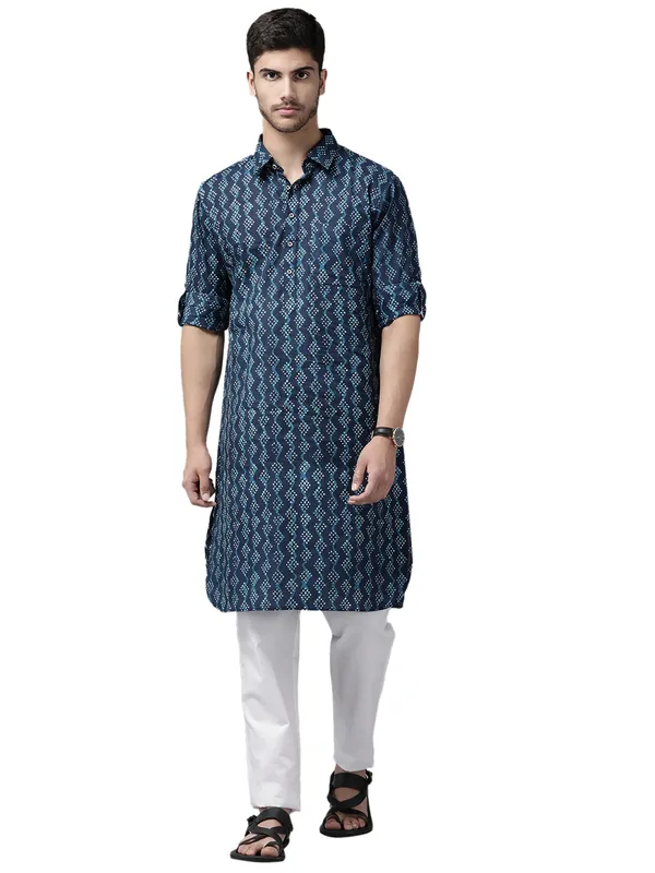 Men_Indigo_Regular_Pure_Cotton_Pathani_Printed_Men'S_Kurta