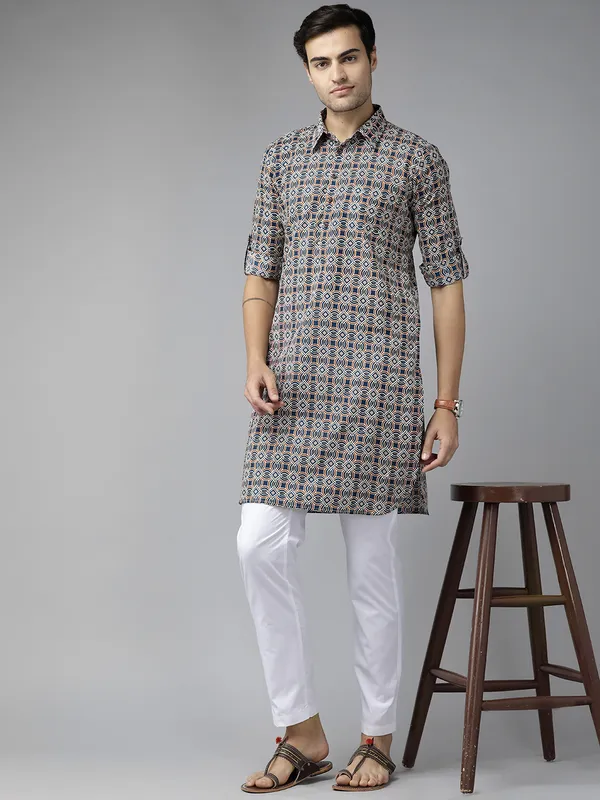 Men_Blue_Regular_Pure_Cotton_Pathani_Printed_Men'S_Kurta_With_White_Salwar