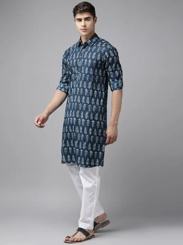Men_Indigo_Regular_Pure_Cotton_Pathani_Printed_Men'S_Kurta_With_White_Salwar