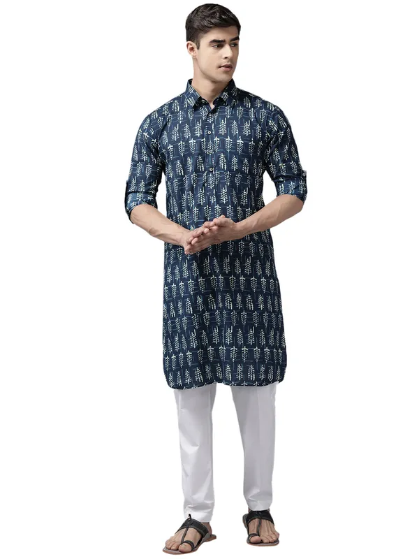 Men_Indigo_Regular_Pure_Cotton_Pathani_Printed_Men'S_Kurta_With_White_Salwar